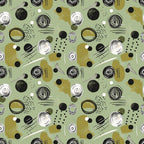 Green background with abstract black, white, and olive green shapes including circles, swirls, dots, and brushstrokes, creating a seamless repeating pattern.