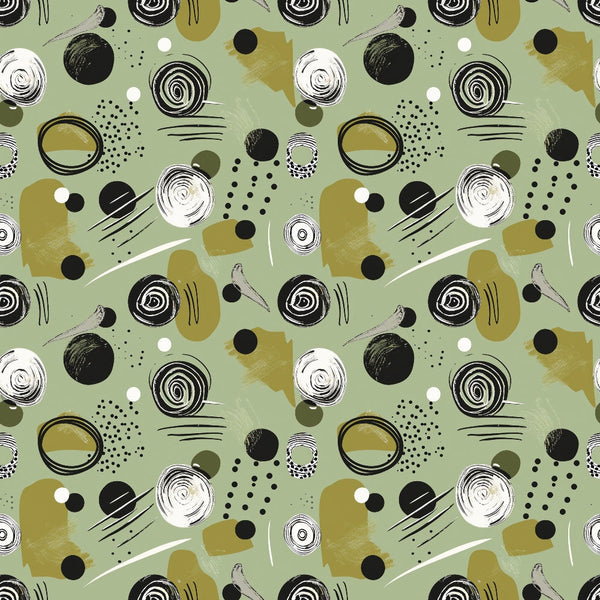 Green background with abstract black, white, and olive green shapes including circles, swirls, dots, and brushstrokes, creating a seamless repeating pattern.