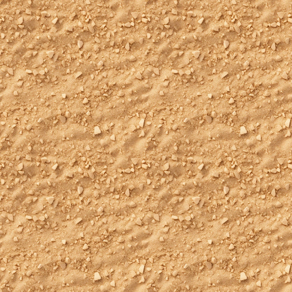 A close-up view of textured sandy ground with small rocks scattered across the surface.