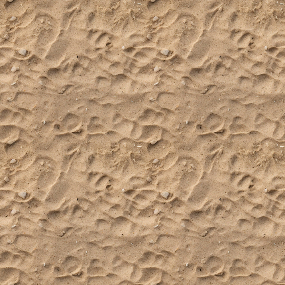 Smooth sand with scattered small rocks and subtle wave-like patterns.