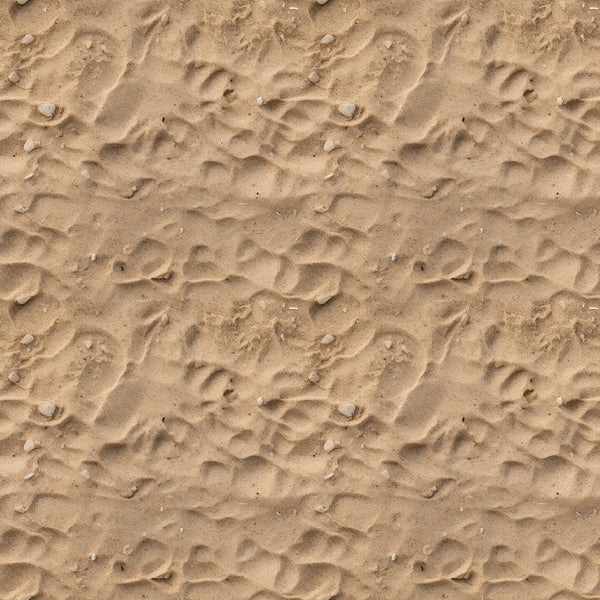 Smooth sand with scattered small rocks and subtle wave-like patterns.