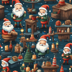 Seamless pattern of cartoon elves in Santa hats crafting toys in a workshop, surrounded by tools, gifts, trees, and candles on a dark blue background.