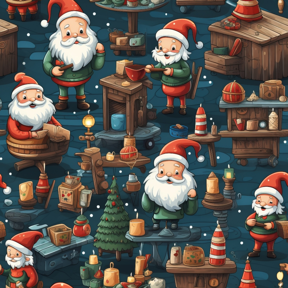 Seamless pattern of cartoon elves in Santa hats crafting toys in a workshop, surrounded by tools, gifts, trees, and candles on a dark blue background.