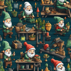 Seamless pattern of cartoon gnomes working on crafts and tasks at wooden tables with tools, lanterns, and decorations.