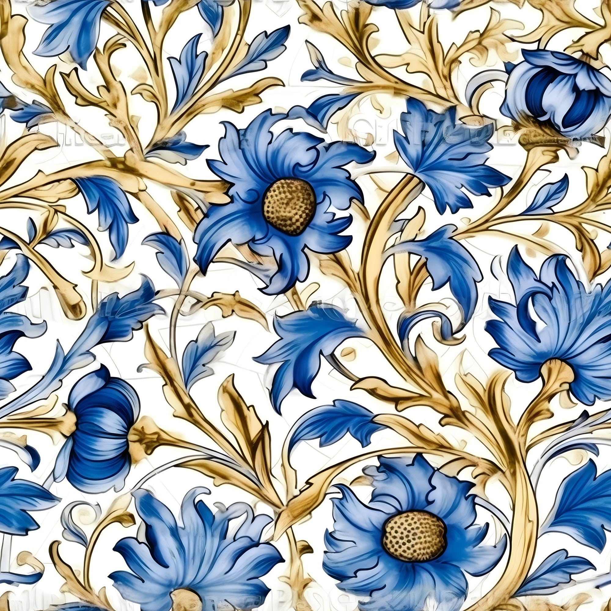 Sapphire Blue Flowers Pattern 1 Minky Fabric