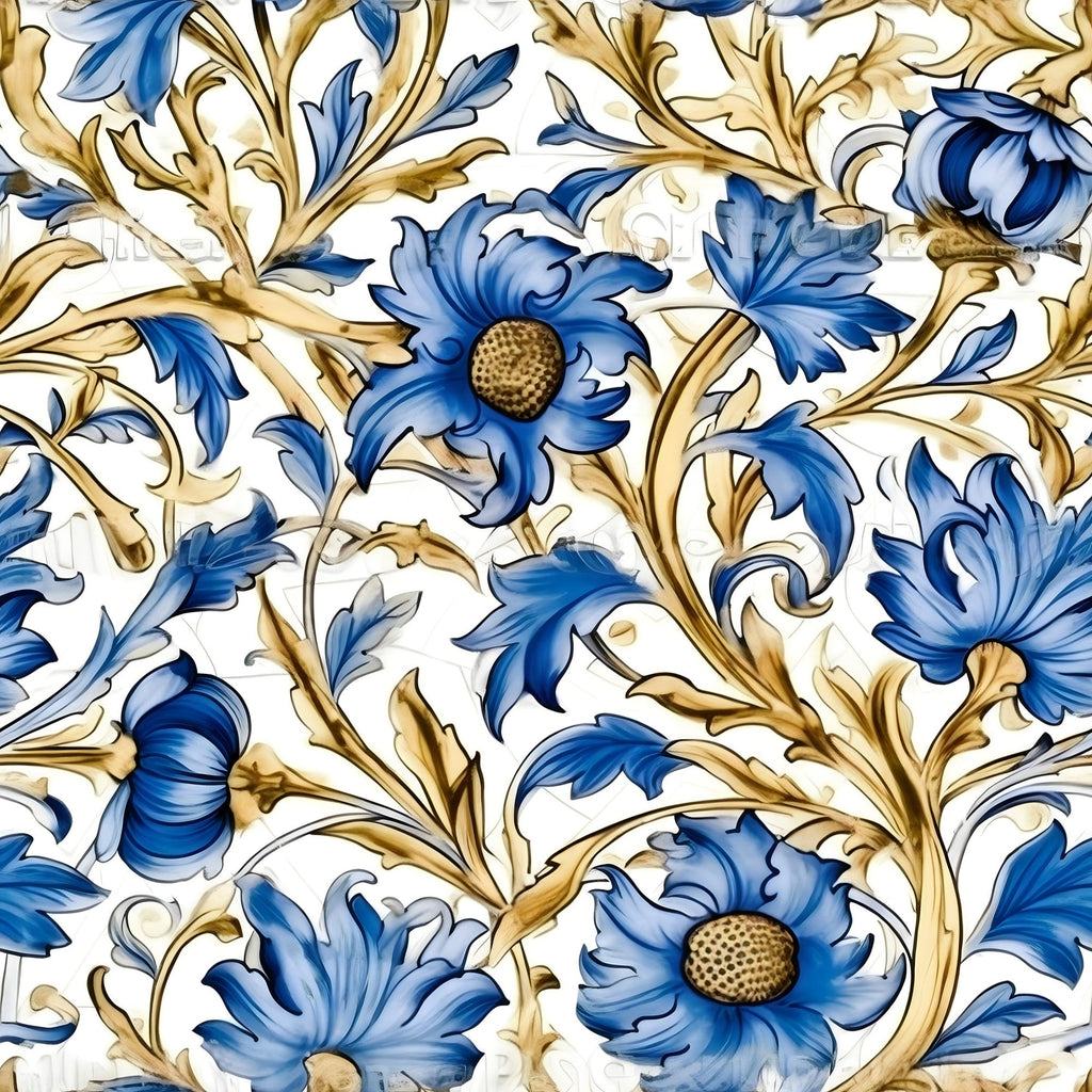 Sapphire Blue Flowers Pattern 1 Minky Fabric