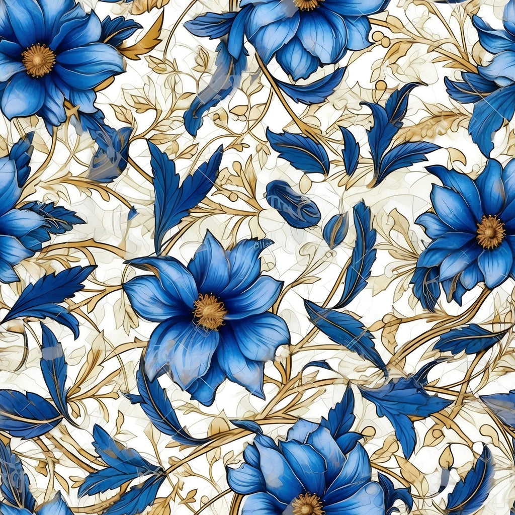 Sapphire Blue Flowers Pattern 3 Minky Fabric