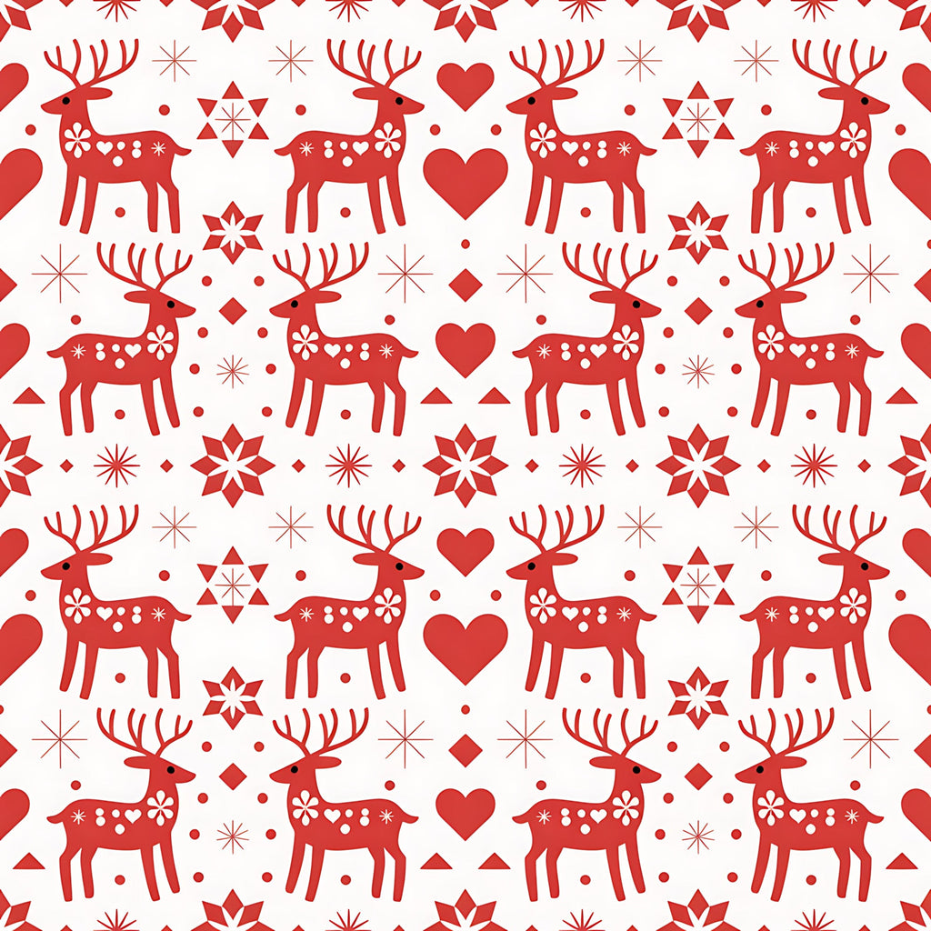 red, white, reindeer, deer, hearts, snowflakes, stars, geometric shapes, scandinavian folk, nordic design, christmas pattern, holiday motif,, fabric panel, repeating pattern, folk art style, winter theme, festive design, decorative elements, symmetrical layout