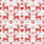 red, white, reindeer, deer, hearts, snowflakes, stars, geometric shapes, scandinavian folk, nordic design, christmas pattern, holiday motif,, fabric panel, repeating pattern, folk art style, winter theme, festive design, decorative elements, symmetrical layout