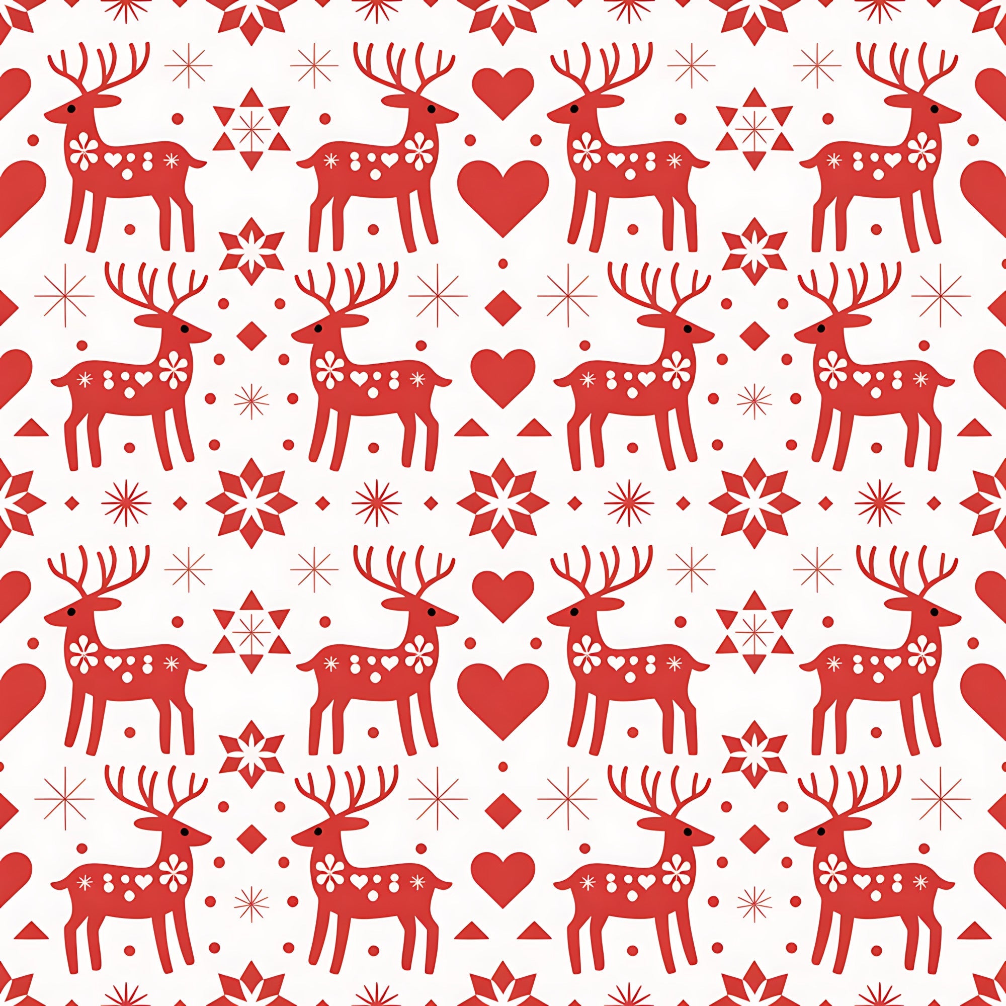 red, white, reindeer, deer, hearts, snowflakes, stars, geometric shapes, scandinavian folk, nordic design, christmas pattern, holiday motif,, fabric panel, repeating pattern, folk art style, winter theme, festive design, decorative elements, symmetrical layout