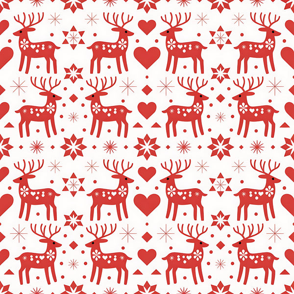 red, white, reindeer, deer, hearts, snowflakes, stars, geometric shapes, scandinavian folk, nordic design, christmas pattern, holiday motif,, fabric panel, repeating pattern, folk art style, winter theme, festive design, decorative elements, symmetrical layout