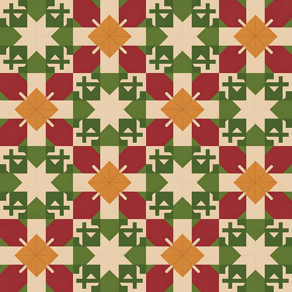 forest green, burgundy red, cream beige, orange amber, geometric stars, folk motifs, cross patterns, diamond shapes, scandinavian design, christmas theme, holiday pattern,, fabric panel, winter colors, nordic style, repeating pattern, festive motifs, earthy tones, rustic charm