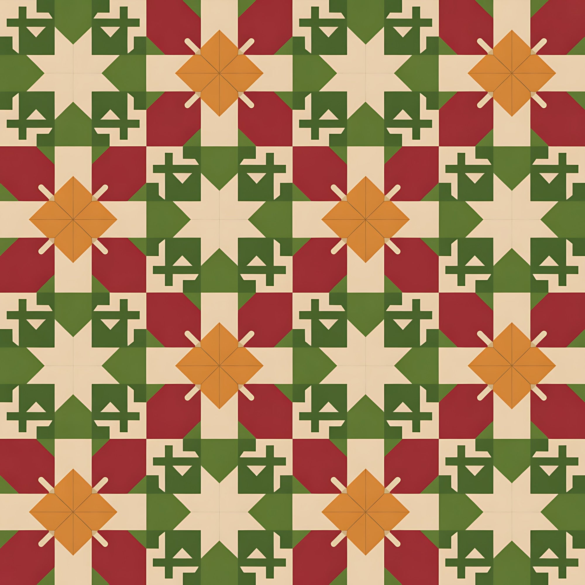 forest green, burgundy red, cream beige, orange amber, geometric stars, folk motifs, cross patterns, diamond shapes, scandinavian design, christmas theme, holiday pattern,, fabric panel, winter colors, nordic style, repeating pattern, festive motifs, earthy tones, rustic charm