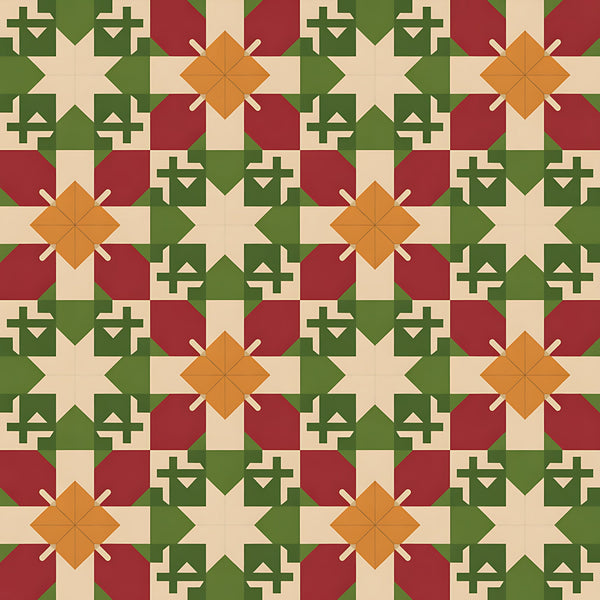 forest green, burgundy red, cream beige, orange amber, geometric stars, folk motifs, cross patterns, diamond shapes, scandinavian design, christmas theme, holiday pattern,, fabric panel, winter colors, nordic style, repeating pattern, festive motifs, earthy tones, rustic charm