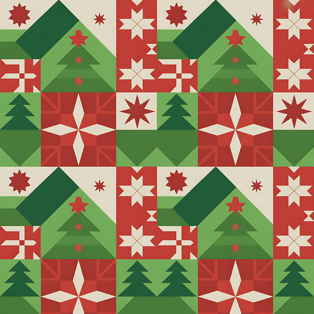 red, green, cream, beige, christmas trees, geometric stars, folk art, scandinavian design,, fabric panel, holiday motifs, repeating pattern, festive colors, winter theme, nordic style, patchwork blocks, decorative stars, seasonal fabric, christmas quilting, geometric shapes