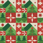 red, green, cream, beige, christmas trees, geometric stars, folk art, scandinavian design,, fabric panel, holiday motifs, repeating pattern, festive colors, winter theme, nordic style, patchwork blocks, decorative stars, seasonal fabric, christmas quilting, geometric shapes