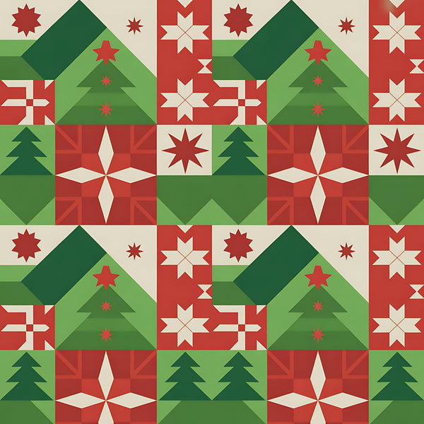 red, green, cream, beige, christmas trees, geometric stars, folk art, scandinavian design,, fabric panel, holiday motifs, repeating pattern, festive colors, winter theme, nordic style, patchwork blocks, decorative stars, seasonal fabric, christmas quilting, geometric shapes
