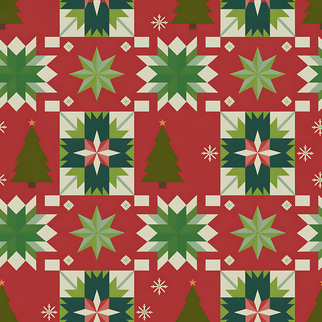 scandinavian folk, christmas pattern,, fabric panel, red background, forest green, cream white, geometric stars, quilt blocks, snowflakes, christmas trees, nordic design, winter motifs, holiday fabric, star patterns, festive colors, patchwork design, seasonal fabric, folk art style, quilting material