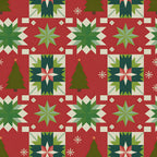 scandinavian folk, christmas pattern,, fabric panel, red background, forest green, cream white, geometric stars, quilt blocks, snowflakes, christmas trees, nordic design, winter motifs, holiday fabric, star patterns, festive colors, patchwork design, seasonal fabric, folk art style, quilting material