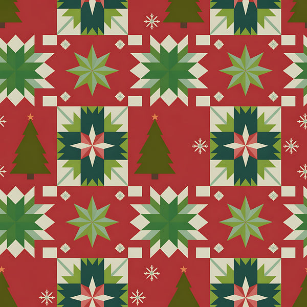 scandinavian folk, christmas pattern,, fabric panel, red background, forest green, cream white, geometric stars, quilt blocks, snowflakes, christmas trees, nordic design, winter motifs, holiday fabric, star patterns, festive colors, patchwork design, seasonal fabric, folk art style, quilting material