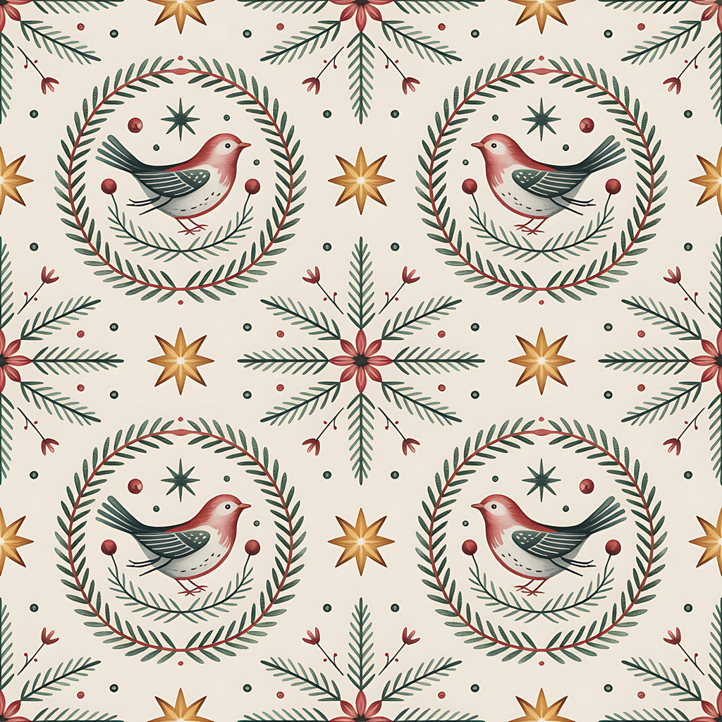 scandinavian folk, christmas pattern,, fabric panel, winter birds, robins, wreath motifs, pine branches, eight-pointed stars, burgundy red, forest green, cream background, golden yellow, folk art style, botanical elements, repeating pattern, holiday fabric, bird illustrations, evergreen sprigs, festive design
