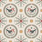 scandinavian folk, christmas pattern,, fabric panel, winter birds, robins, wreath motifs, pine branches, eight-pointed stars, burgundy red, forest green, cream background, golden yellow, folk art style, botanical elements, repeating pattern, holiday fabric, bird illustrations, evergreen sprigs, festive design