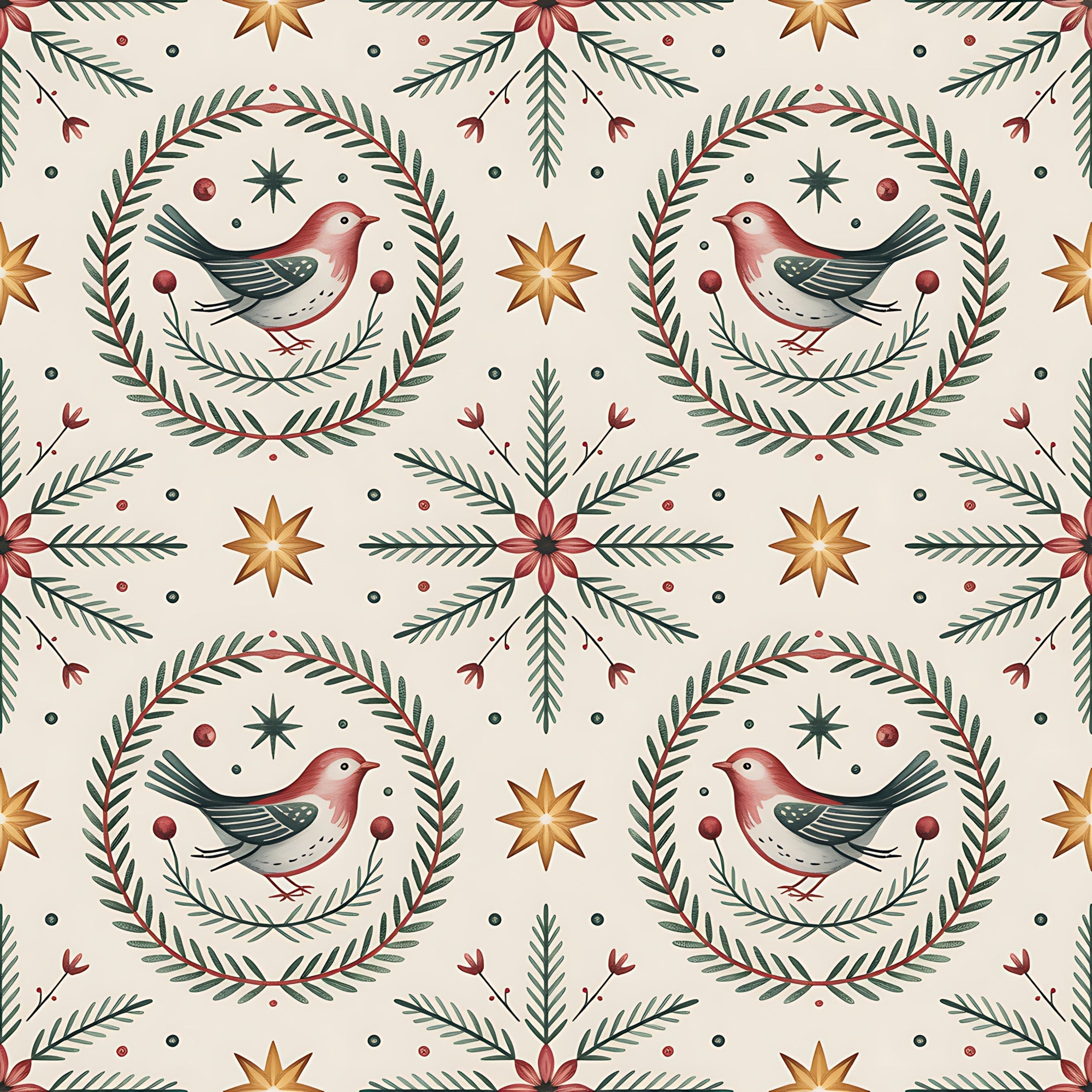 scandinavian folk, christmas pattern,, fabric panel, winter birds, robins, wreath motifs, pine branches, eight-pointed stars, burgundy red, forest green, cream background, golden yellow, folk art style, botanical elements, repeating pattern, holiday fabric, bird illustrations, evergreen sprigs, festive design