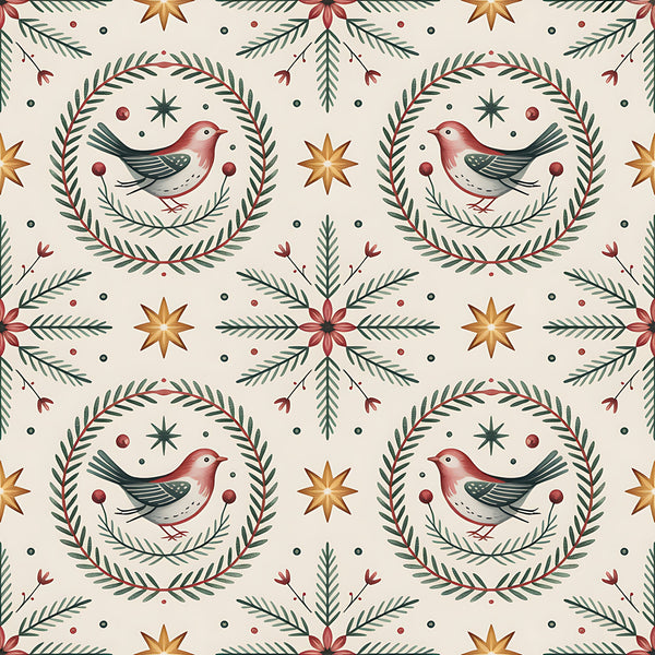 scandinavian folk, christmas pattern,, fabric panel, winter birds, robins, wreath motifs, pine branches, eight-pointed stars, burgundy red, forest green, cream background, golden yellow, folk art style, botanical elements, repeating pattern, holiday fabric, bird illustrations, evergreen sprigs, festive design