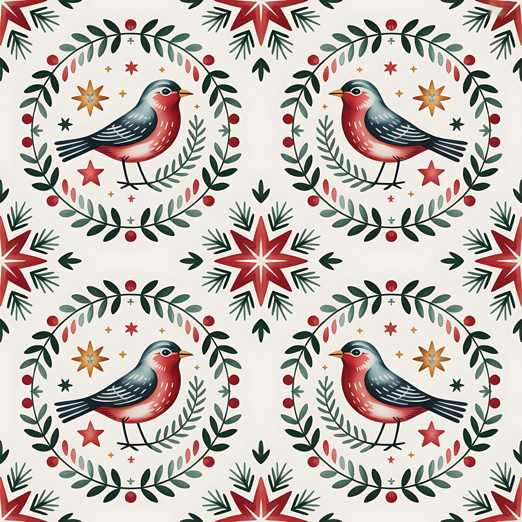 red, green, cream, beige, orange, robins, birds, wreaths, stars, folk art, scandinavian, christmas, winter, botanical, leaves, berries,, fabric panel, geometric patterns, seasonal motifs, holiday design, nordic style