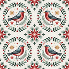 red, green, cream, beige, orange, robins, birds, wreaths, stars, folk art, scandinavian, christmas, winter, botanical, leaves, berries,, fabric panel, geometric patterns, seasonal motifs, holiday design, nordic style