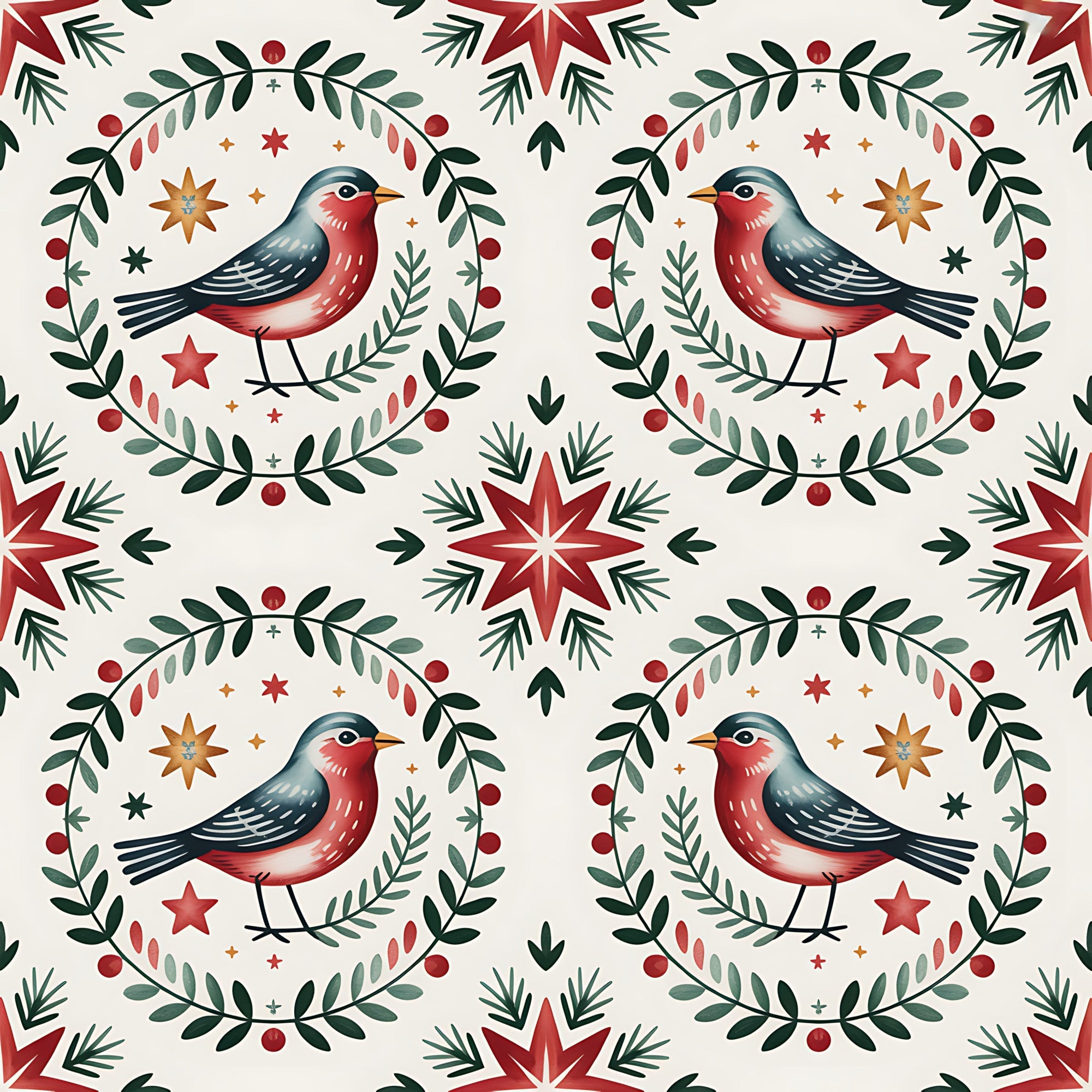 red, green, cream, beige, orange, robins, birds, wreaths, stars, folk art, scandinavian, christmas, winter, botanical, leaves, berries,, fabric panel, geometric patterns, seasonal motifs, holiday design, nordic style