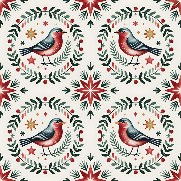 red, green, cream, beige, orange, robins, birds, wreaths, stars, folk art, scandinavian, christmas, winter, botanical, leaves, berries,, fabric panel, geometric patterns, seasonal motifs, holiday design, nordic style