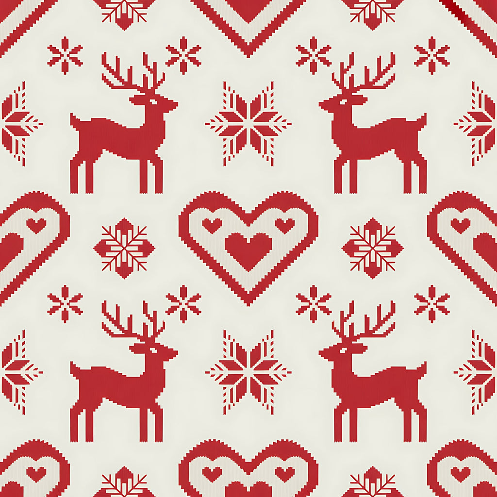 red, cream, beige, reindeer, deer, snowflakes, hearts, chevron, zigzag, geometric patterns, scandinavian, nordic, folk art, winter, christmas, holiday,, fabric panel, knit style, fair isle