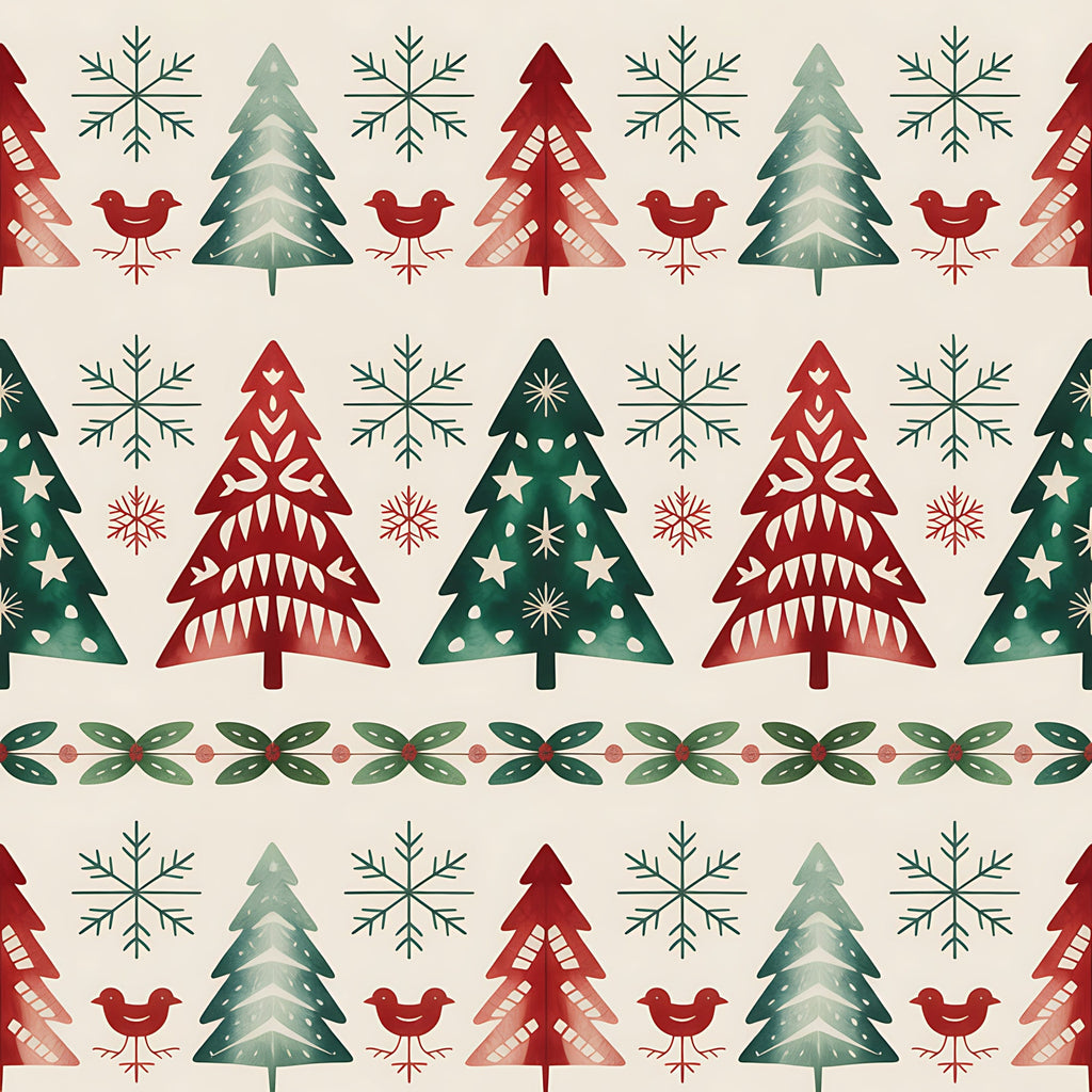 christmas trees, snowflakes, red birds, folk art, scandinavian style, geometric patterns, red green cream, winter motifs,, fabric panel, festive design, decorative borders, holiday theme, nordic style, repeating pattern, seasonal fabric, craft material, cotton fabric, christmas motifs, winter birds