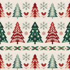 christmas trees, snowflakes, red birds, folk art, scandinavian style, geometric patterns, red green cream, winter motifs,, fabric panel, festive design, decorative borders, holiday theme, nordic style, repeating pattern, seasonal fabric, craft material, cotton fabric, christmas motifs, winter birds