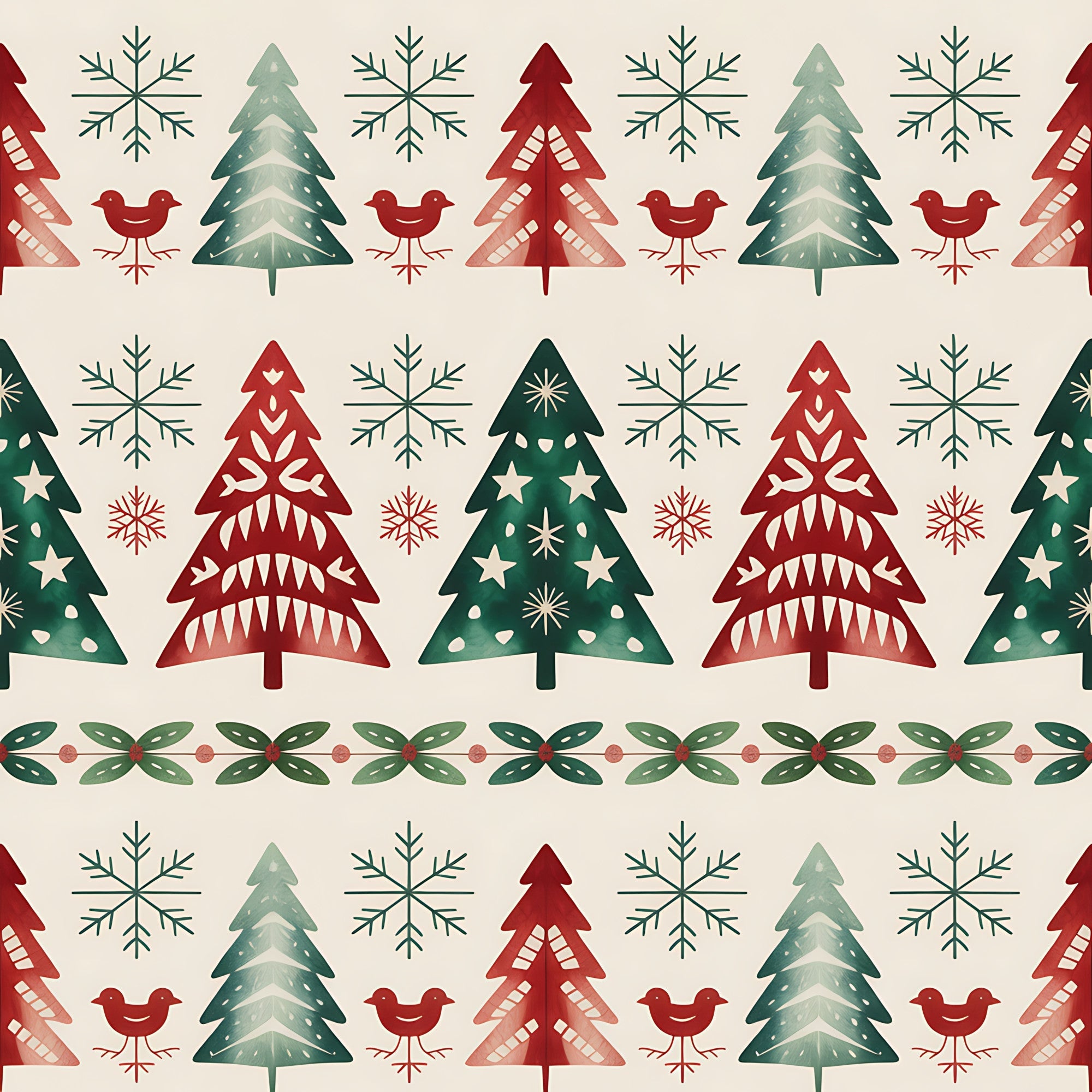 christmas trees, snowflakes, red birds, folk art, scandinavian style, geometric patterns, red green cream, winter motifs,, fabric panel, festive design, decorative borders, holiday theme, nordic style, repeating pattern, seasonal fabric, craft material, cotton fabric, christmas motifs, winter birds