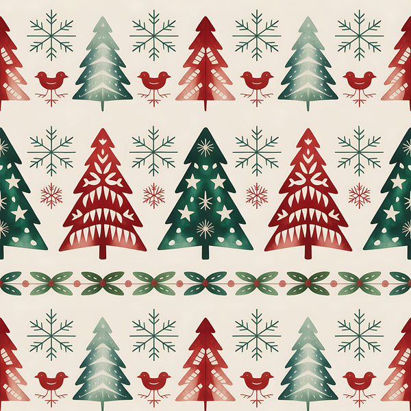 christmas trees, snowflakes, red birds, folk art, scandinavian style, geometric patterns, red green cream, winter motifs,, fabric panel, festive design, decorative borders, holiday theme, nordic style, repeating pattern, seasonal fabric, craft material, cotton fabric, christmas motifs, winter birds
