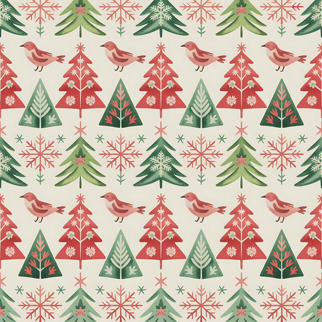 scandinavian folk, christmas pattern, red birds, evergreen trees, snowflakes, geometric triangles, coral pink, forest green, cream background,, fabric panel, winter motifs, nordic style, repetitive pattern, holiday fabric, festive design, nature elements, folk art, seasonal quilting
