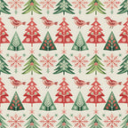 scandinavian folk, christmas pattern, red birds, evergreen trees, snowflakes, geometric triangles, coral pink, forest green, cream background,, fabric panel, winter motifs, nordic style, repetitive pattern, holiday fabric, festive design, nature elements, folk art, seasonal quilting