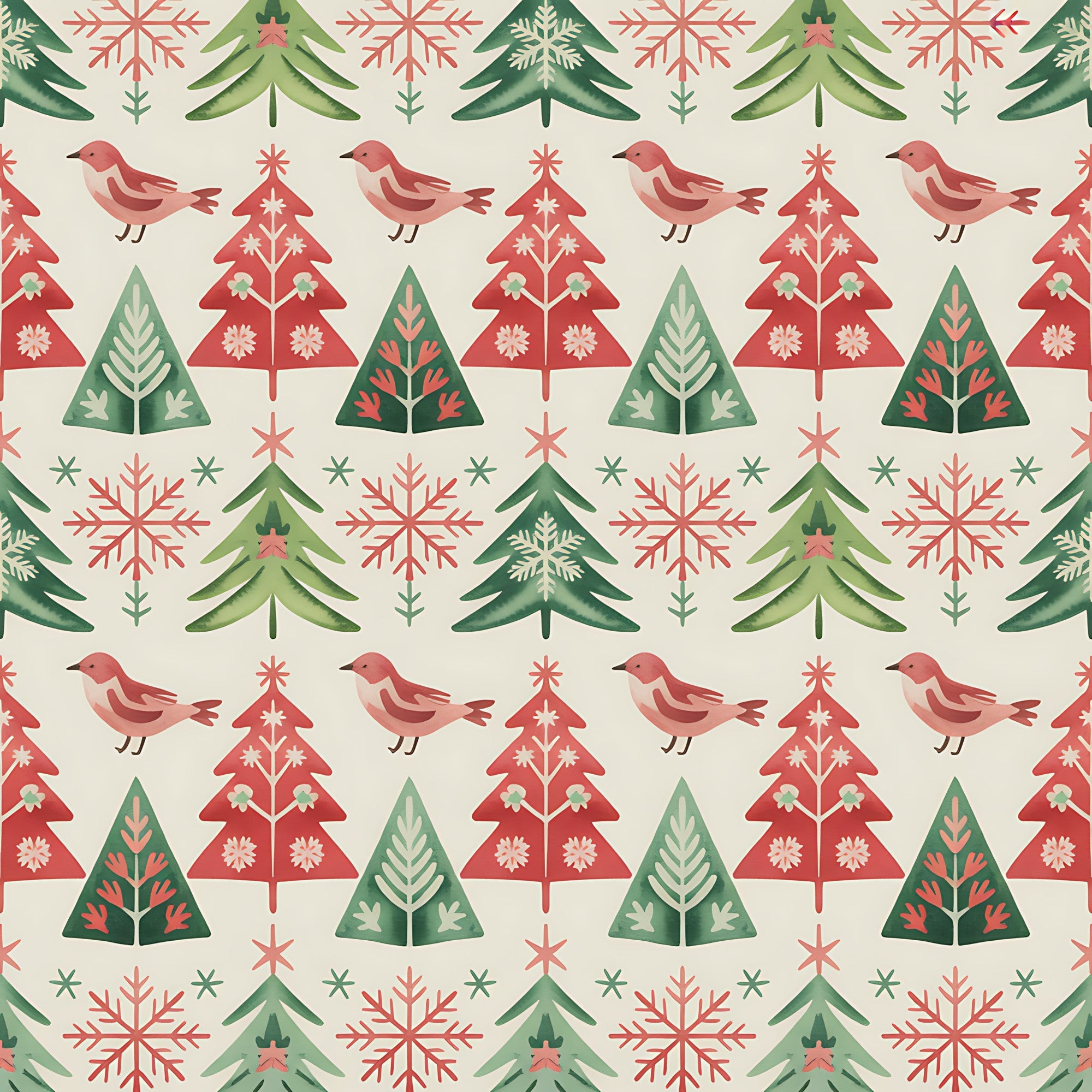 scandinavian folk, christmas pattern, red birds, evergreen trees, snowflakes, geometric triangles, coral pink, forest green, cream background,, fabric panel, winter motifs, nordic style, repetitive pattern, holiday fabric, festive design, nature elements, folk art, seasonal quilting