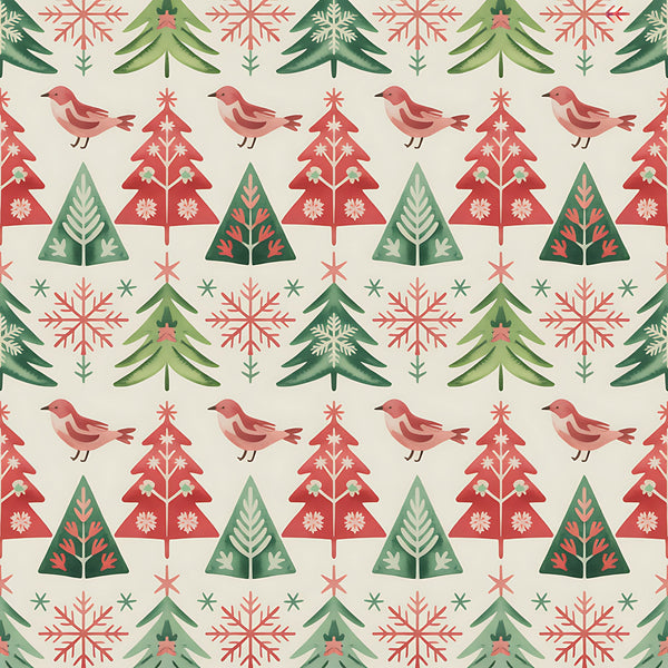 scandinavian folk, christmas pattern, red birds, evergreen trees, snowflakes, geometric triangles, coral pink, forest green, cream background,, fabric panel, winter motifs, nordic style, repetitive pattern, holiday fabric, festive design, nature elements, folk art, seasonal quilting