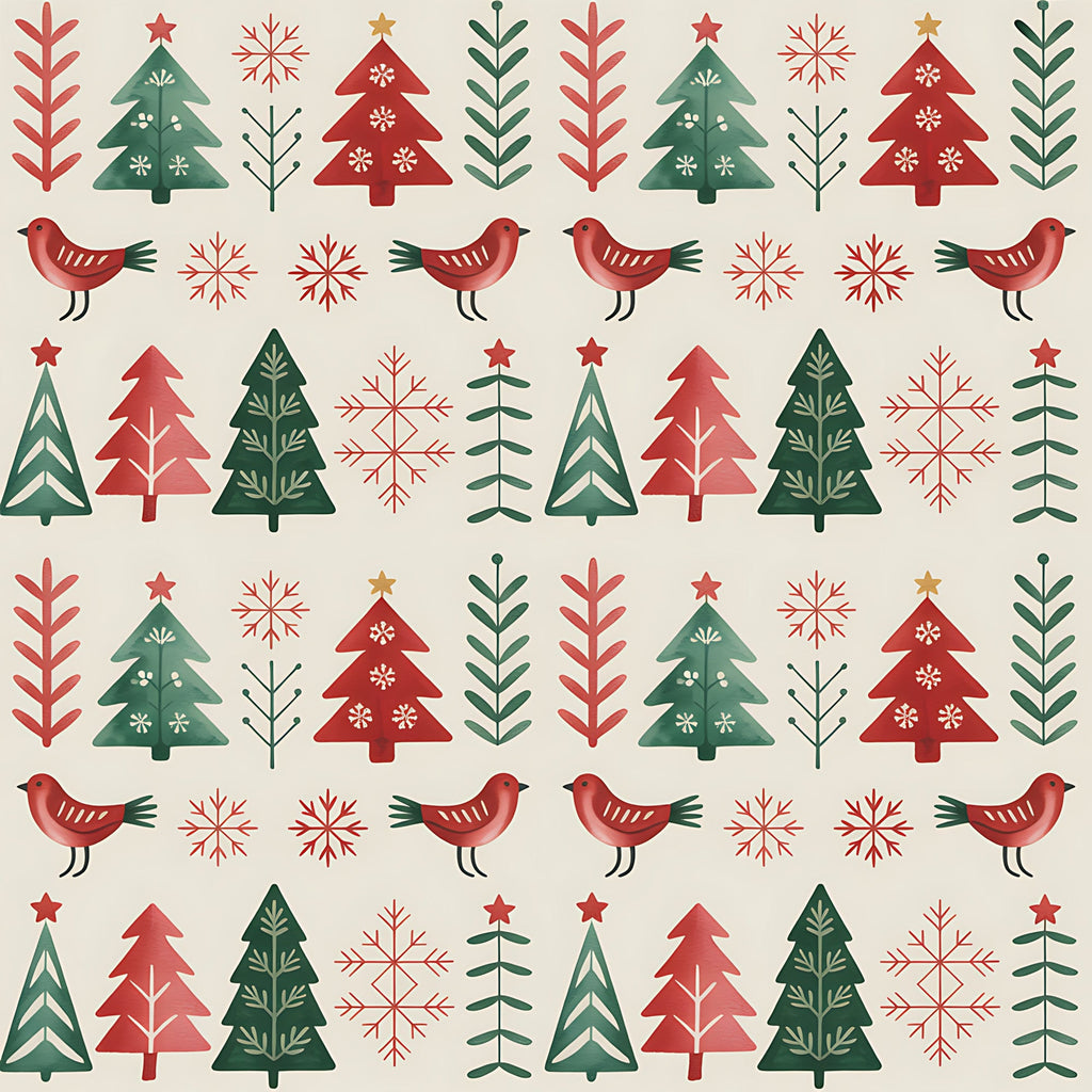 red, green, beige, cream, christmas trees, birds, snowflakes, folk art, scandinavian style, geometric patterns, repeating motifs, winter theme, holiday fabric,, fabric panel, festive design, nordic inspired, seasonal patterns, decorative elements, craft fabric
