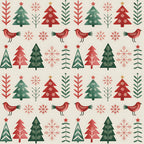 red, green, beige, cream, christmas trees, birds, snowflakes, folk art, scandinavian style, geometric patterns, repeating motifs, winter theme, holiday fabric,, fabric panel, festive design, nordic inspired, seasonal patterns, decorative elements, craft fabric