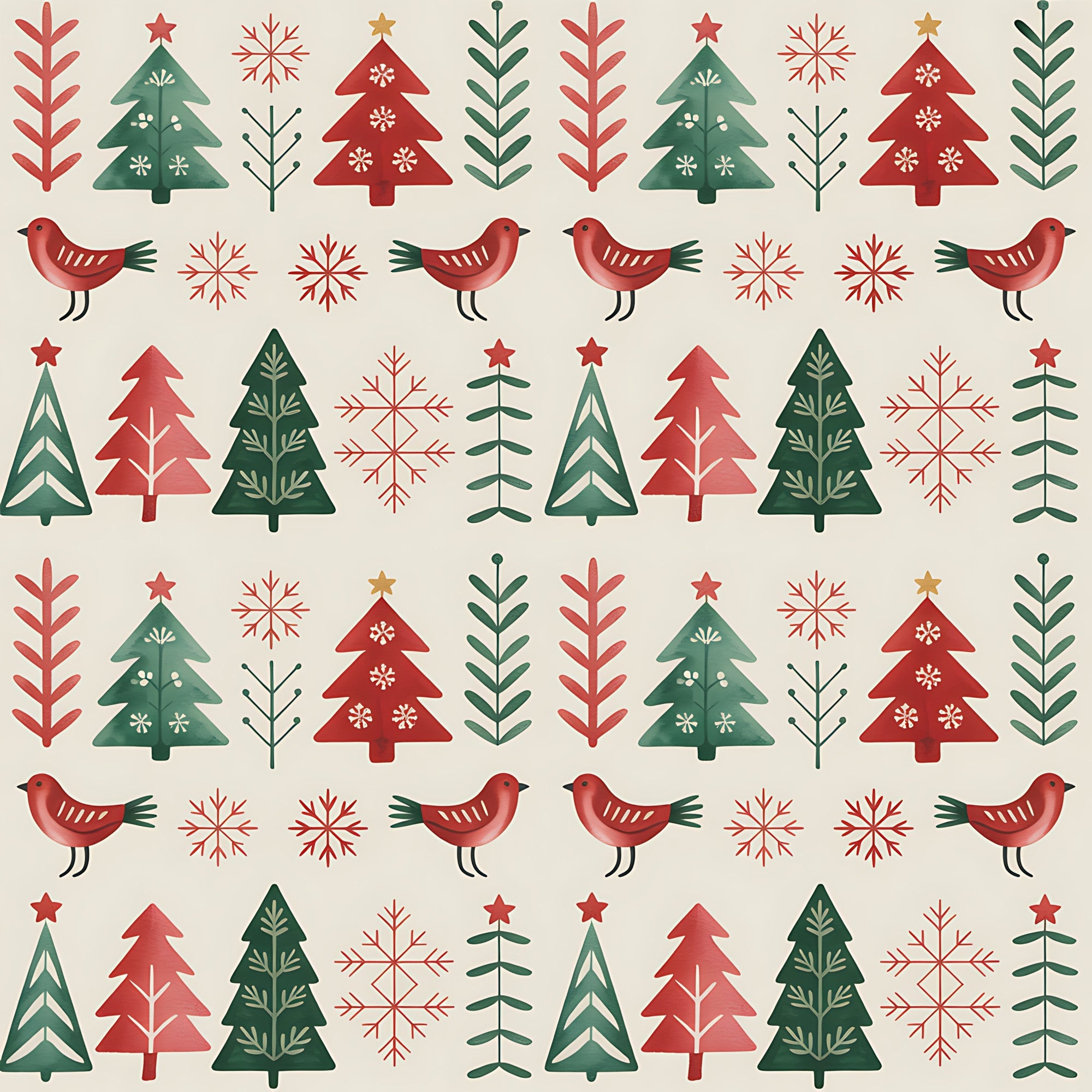red, green, beige, cream, christmas trees, birds, snowflakes, folk art, scandinavian style, geometric patterns, repeating motifs, winter theme, holiday fabric,, fabric panel, festive design, nordic inspired, seasonal patterns, decorative elements, craft fabric