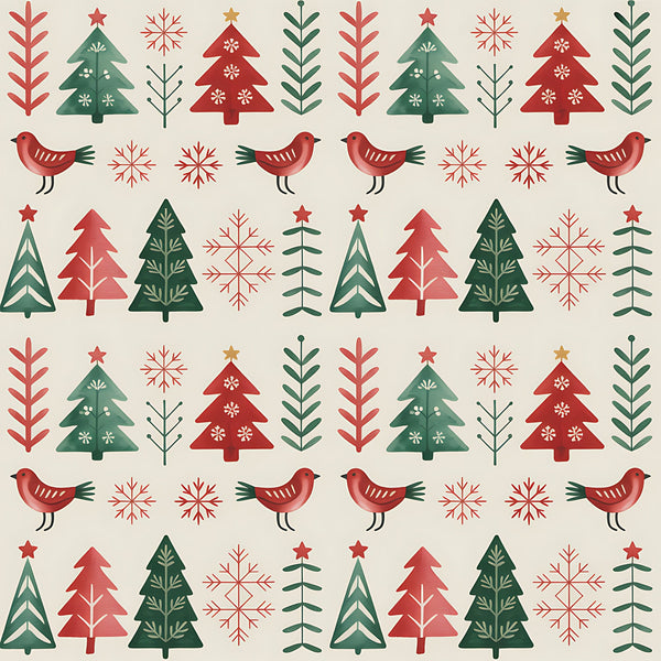red, green, beige, cream, christmas trees, birds, snowflakes, folk art, scandinavian style, geometric patterns, repeating motifs, winter theme, holiday fabric,, fabric panel, festive design, nordic inspired, seasonal patterns, decorative elements, craft fabric