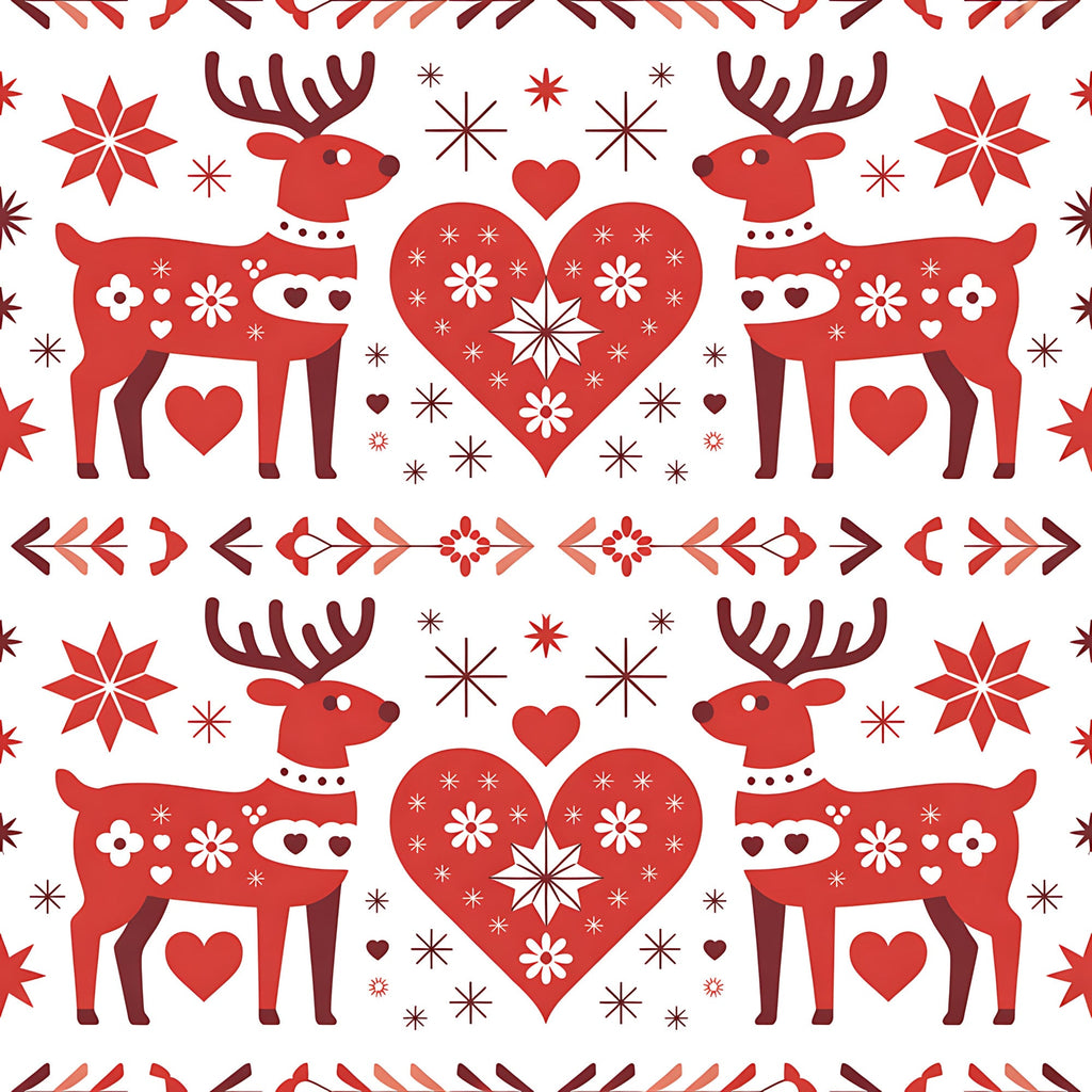 red, white, burgundy, reindeer, hearts, snowflakes, folk art, scandinavian, christmas, winter, geometric patterns, floral motifs,, fabric panel, holiday themed, nordic style, symmetrical design, decorative elements, festive pattern, seasonal fabric