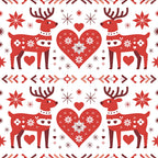 red, white, burgundy, reindeer, hearts, snowflakes, folk art, scandinavian, christmas, winter, geometric patterns, floral motifs,, fabric panel, holiday themed, nordic style, symmetrical design, decorative elements, festive pattern, seasonal fabric