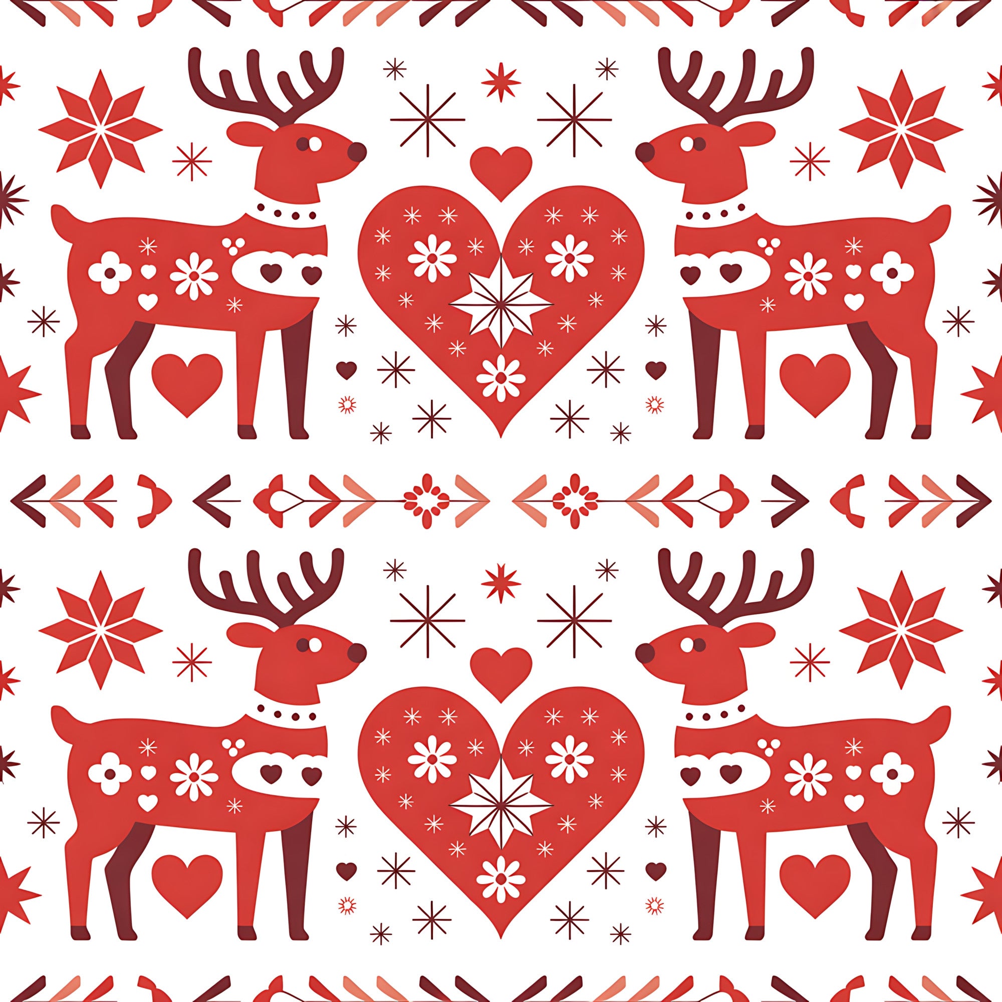 red, white, burgundy, reindeer, hearts, snowflakes, folk art, scandinavian, christmas, winter, geometric patterns, floral motifs,, fabric panel, holiday themed, nordic style, symmetrical design, decorative elements, festive pattern, seasonal fabric