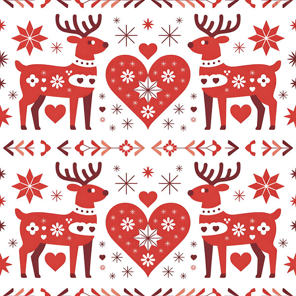 red, white, burgundy, reindeer, hearts, snowflakes, folk art, scandinavian, christmas, winter, geometric patterns, floral motifs,, fabric panel, holiday themed, nordic style, symmetrical design, decorative elements, festive pattern, seasonal fabric