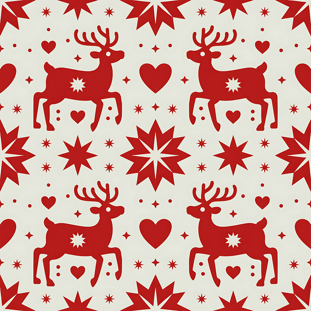 red, cream, reindeer, deer, hearts, stars, snowflakes, scandinavian folk, nordic design, christmas motifs, winter pattern,, fabric panel, geometric stars, holiday fabric, festive design, folk art style, repeating pattern, silhouette design, seasonal fabric